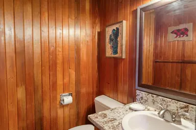 a bathroom with a sink and a toilet and wooden walls at Dodawah Oasis in Carnelian Bay