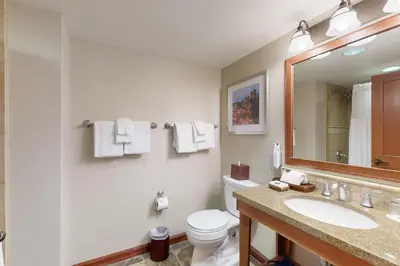 a bathroom with a toilet and a sink and a mirror at Resort at Squaw Creek's 810 & 812 in Olympic Valley