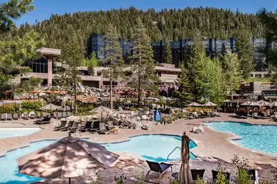 an aerial view of a resort with a swimming pool at Resort at Squaw Creek's 810 & 812 in Olympic Valley