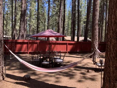 a hammock with a table and chairs in the woods at Genoa Haven in South Lake Tahoe