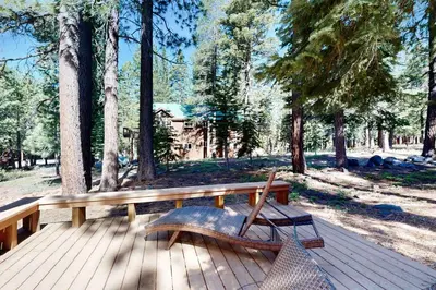 a wooden bench sitting on a deck with trees at Schussing Escape in Truckee
