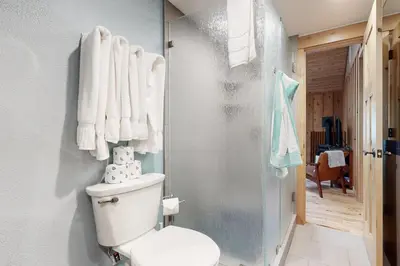 a bathroom with a toilet and a shower with towels at Westshore Oasis in Tahoma
