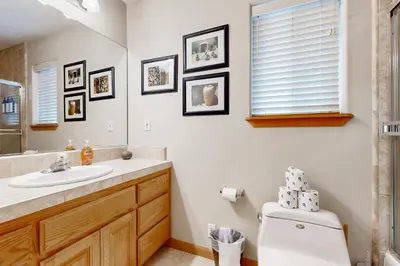 a bathroom with a toilet and a sink and a mirror at Oregon Oasis in South Lake Tahoe
