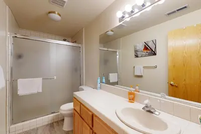 a bathroom with a shower and a sink and a toilet at Cascade Charms in South Lake Tahoe