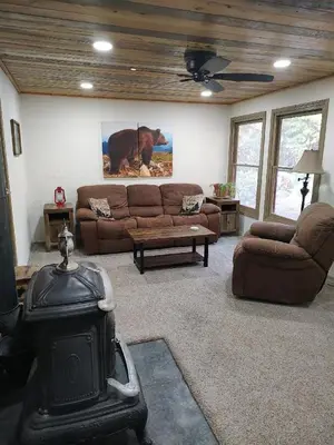 a living room with two couches and a fireplace at Gilmore Cabin in Miramonte