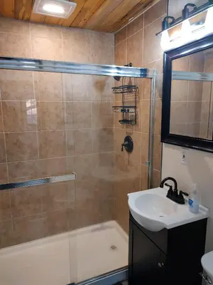 a bathroom with a shower and a sink at Gilmore Cabin in Miramonte