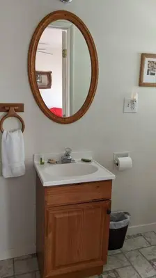 a bathroom with a sink and a mirror at The Apple Place Room #2 in Miramonte
