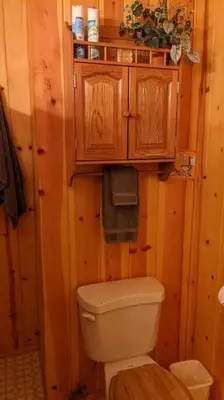 a bathroom with a toilet and a wooden wall at King's Cabin in Wilsonia