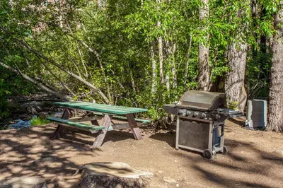 a picnic table and a grill and a picnic bench at Ski-In, Ski-Out Designer Condo in Truckee