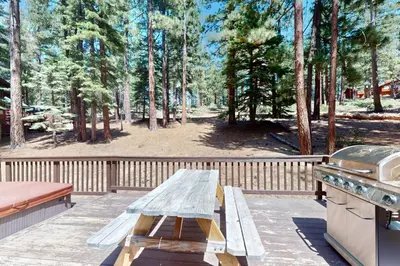a picnic table and a grill on a patio at High Meadow Storybook in South Lake Tahoe