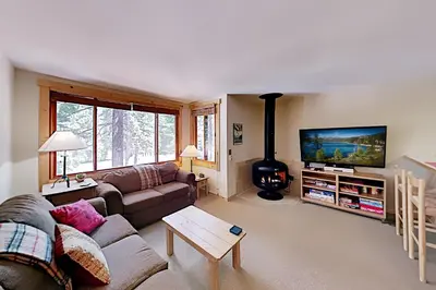 a living room with a couch and a stove at Slopeside Adventures in Truckee