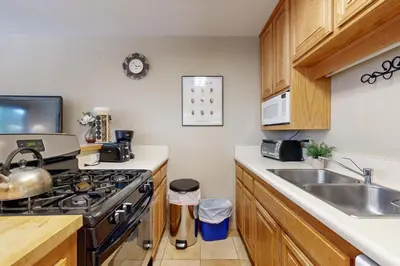 a kitchen with a stove and a sink at Slopeside Adventures in Truckee