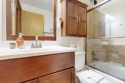 a bathroom with a sink and a toilet and a tub at Slopeside Adventures in Truckee