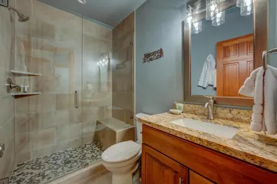 a bathroom with a toilet and a sink and a shower at Heaven by the Lake in Truckee