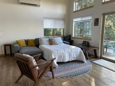 a bedroom with a bed and a couch and windows at Ravens Lair in Yosemite West