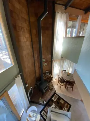 an aerial view of a living room with a fireplace at Mammoth Awesome Location-1 min to Shuttles & Food! TOML-CPAN-11402 in Mammoth Lakes