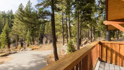 a porch of a cabin with a view of a forest at Hunter by AvantStay Award-Winning Riverfront Cabin 5 Minutes from Palisades in Olympic Valley