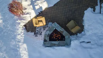 an aerial view of a fireplace in the snow at Modern Mountain Home w Cozy Fire Pit 15 Mins frm Northstar Maple by AvantStay in Ponderosa Fairway Estates