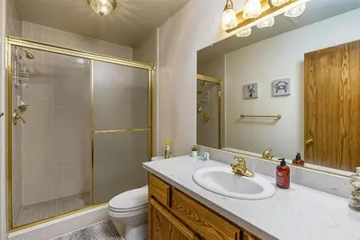 a bathroom with a sink and a shower and a toilet at Miner's Claim - Home with 2 Decks & Pool in Groveland