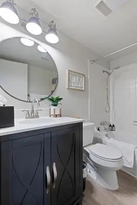 a bathroom with a sink and a toilet and a mirror at Luxurious 2 Bedroom Base Camp Condo - Steps from Kirkwood Village condo in Kirkwood