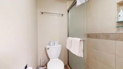 a bathroom with a toilet and a shower at Chateau Sans Nom #19 condo in Mammoth Lakes