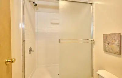 a shower with a glass door in a bathroom at St Anton Condos #83 condo in Mammoth Lakes
