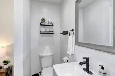 a bathroom with a toilet and a sink and a mirror at New Listing Country Property Pet Friendly W&D in Loomis