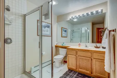 a bathroom with a shower and a toilet and a sink at Incline Escape in Incline Village