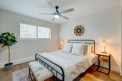 a bedroom with a bed and a ceiling fan at Incline Village Stunner in Incline Village