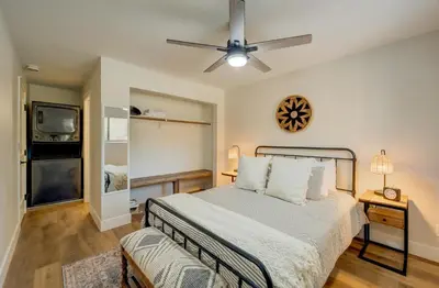 a bedroom with a bed and a ceiling fan at Incline Village Stunner in Incline Village