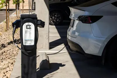 a electric car is plugged into a parking meter at Element Reno Experience District in Reno