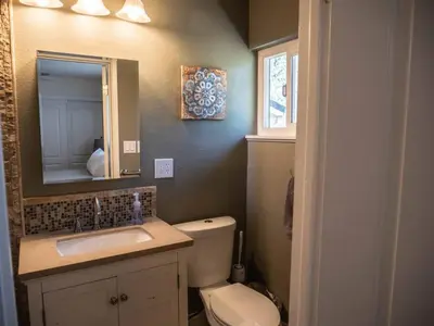 a bathroom with a toilet and a sink and a mirror at Pool! Quite, Private, remodeled home on the hill in Placerville