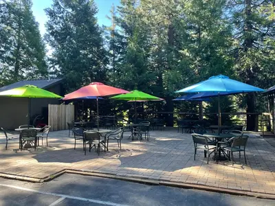 a group of tables and chairs with umbrellas at Sierra Woods Lodge in Emigrant Gap