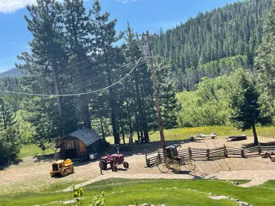 a park with a tent and a playground with trees at Sierra Woods Lodge in Emigrant Gap