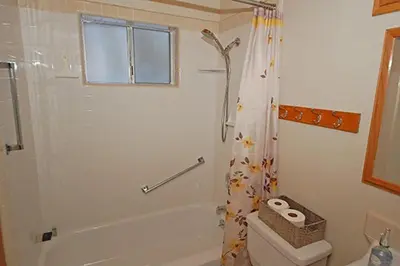 a bathroom with a shower curtain and a toilet at 1116 Golden Bear home in South Lake Tahoe