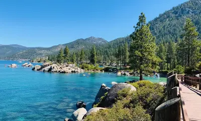 a view of a body of water with rocks and trees at Kings Beach Cozy in Kings Beach