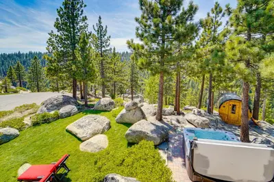 a backyard with rocks and a hobbit house at 4 Mi to Slopes! Hot Tub Haven with Lake Tahoe Views in Incline Village