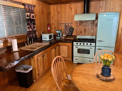 a kitchen with a table and a stove and a sink at Lakeshore Resort in Lakeshore