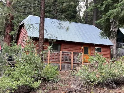 a red cabin in the woods with a metal roof at Lakeshore Resort in Lakeshore