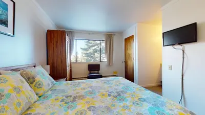a bedroom with a bed and a window and a television at Mammoth Point #106 condo in Mammoth Lakes