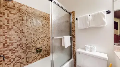 a bathroom with a shower and a toilet at Mammoth Point #106 condo in Mammoth Lakes