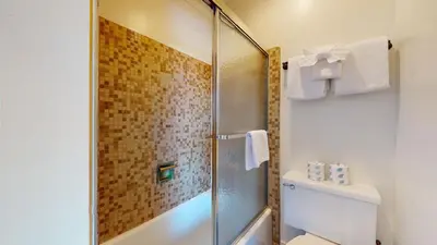 a bathroom with a glass shower and a toilet at Mammoth Point #106 condo in Mammoth Lakes