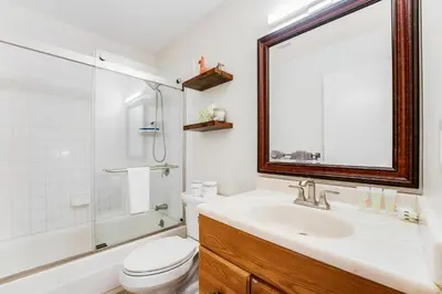 a bathroom with a sink and a toilet and a shower at Lake Forest Drive Retreat in Tahoe City