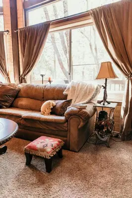 a living room with a brown couch and a large window at Cozy Sequoia Forest Cabin near Lake Isabella in Wofford Heights
