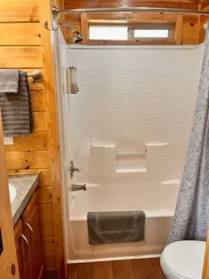 a bathroom with a shower with a toilet and a sink at Quiet little pet friendly cabin in Kernville