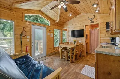 a kitchen and living room of a log cabin at Adorable little cabin #21 in Kernville