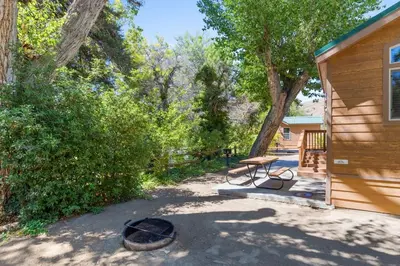 a patio with a picnic table next to a house at Adorable little cabin #28 in Kernville