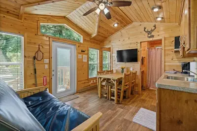 a log cabin kitchen and living room with a table and a couch at Deluxe little cabin 2 min stroll to Kern River in Kernville