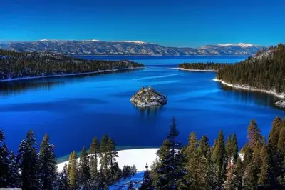 a small island in the middle of a lake at Ski In/Out - Zalanta - Great Location- 2 Hot Tubs - Heated Pool in South Lake Tahoe