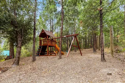 a playground in the middle of the woods at Willow Cove Log Cabin in Bass Lake
